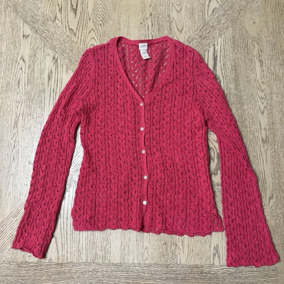 J. Jill Sweaters - J. Jill‎ Red Pink Medium Open Knit Button Front Cardigan Fairy Cottagecore